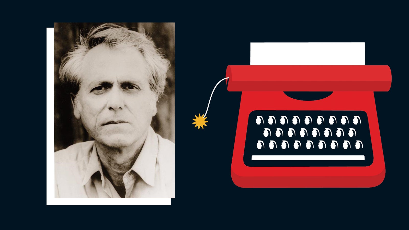 A black and white photograph of author Don DeLillo next to a red illustration of a typewriter