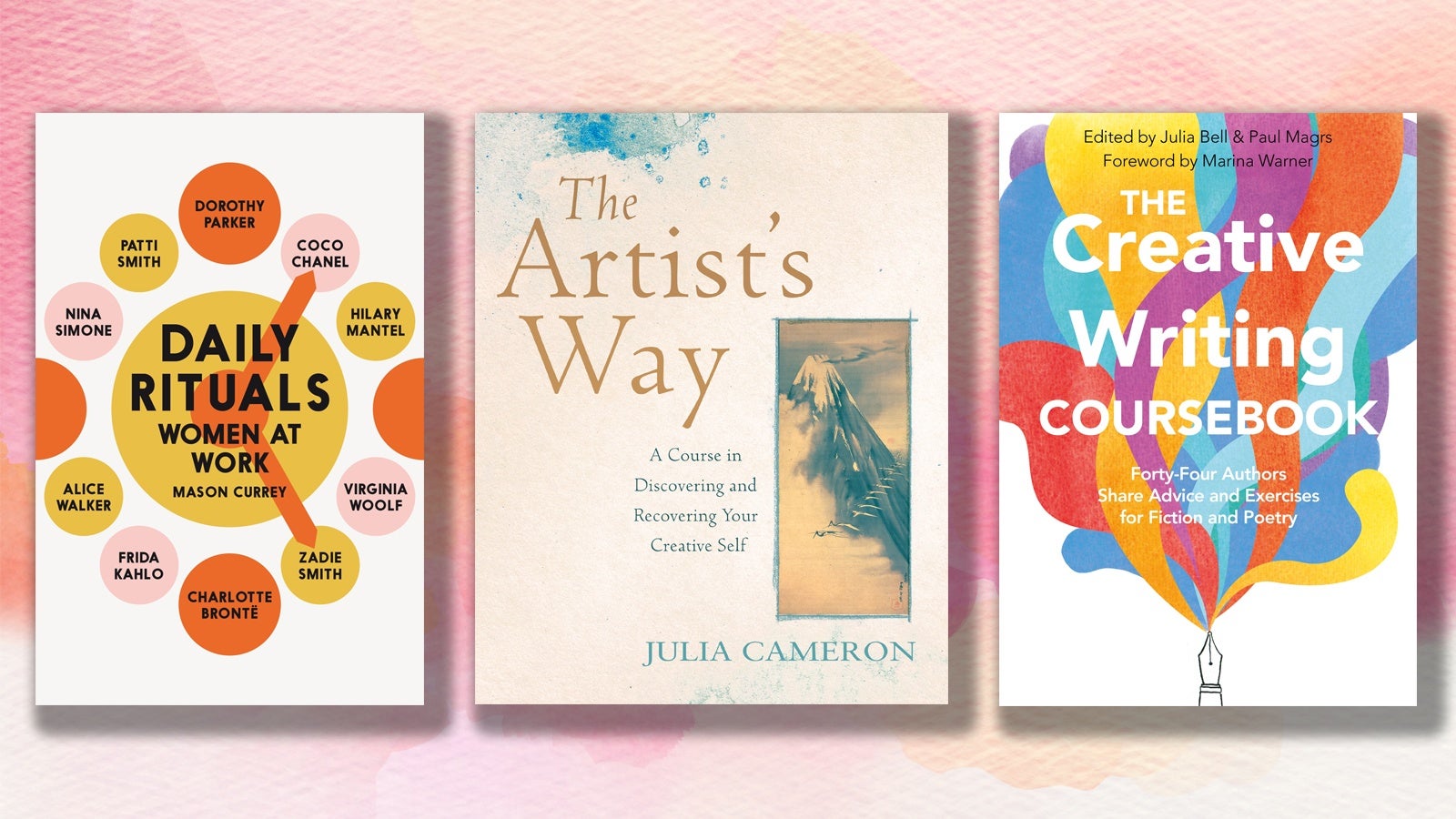 Daily Rituals, Women at Work; The Artist's Way and The Creative Writing Coursebook on a background of pastel paints.