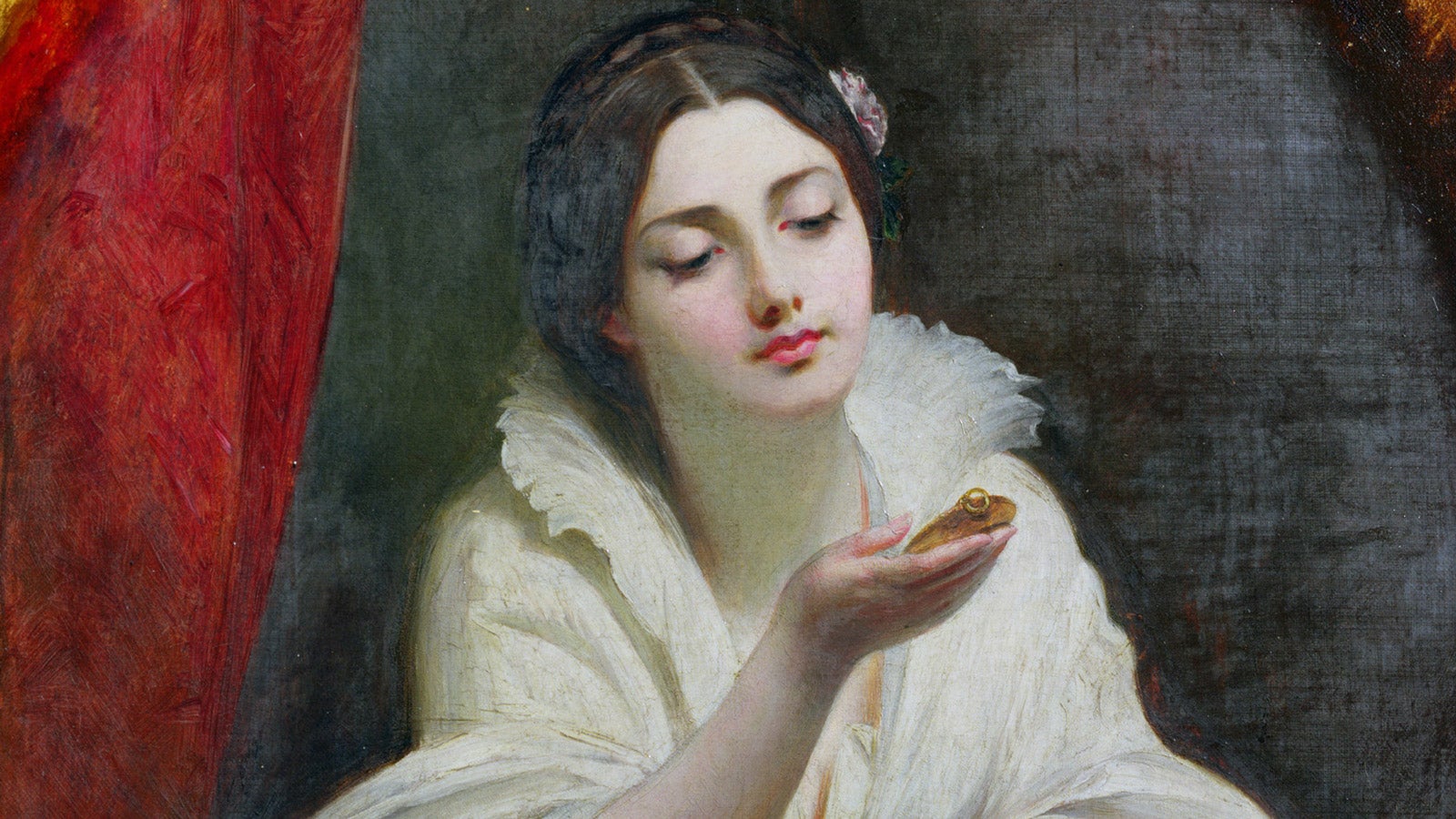 Renaissance painting of a young girl with brown hair gazing at a pocket watch.