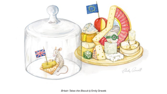 Illustration of mouse eating a small piece of cheese alone with a Union Jack, while the EU shares a huge cheese plate