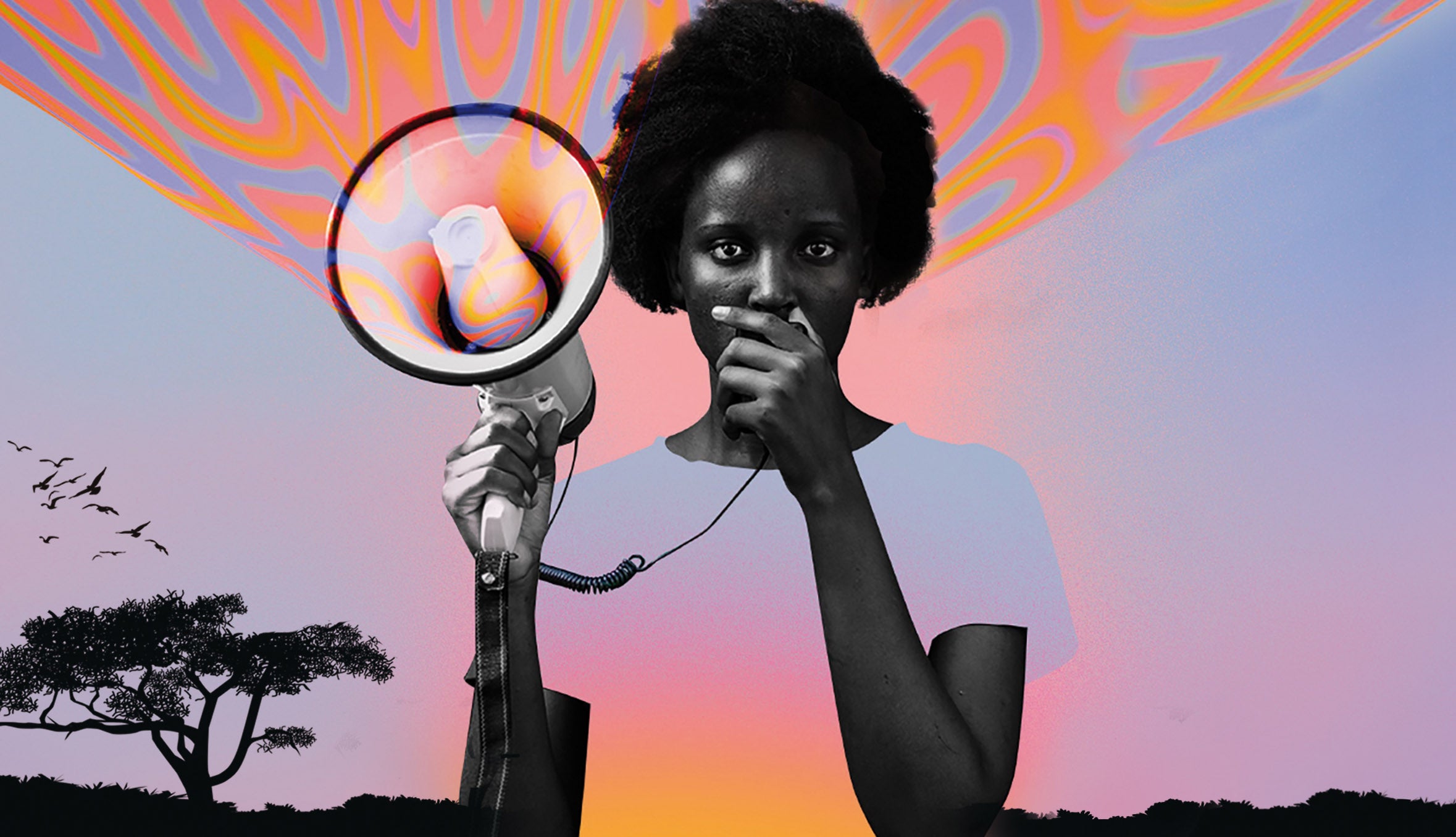 A cropped cover image from A Bigger Picture, a girl shouts from a megaphone in an African landscape
