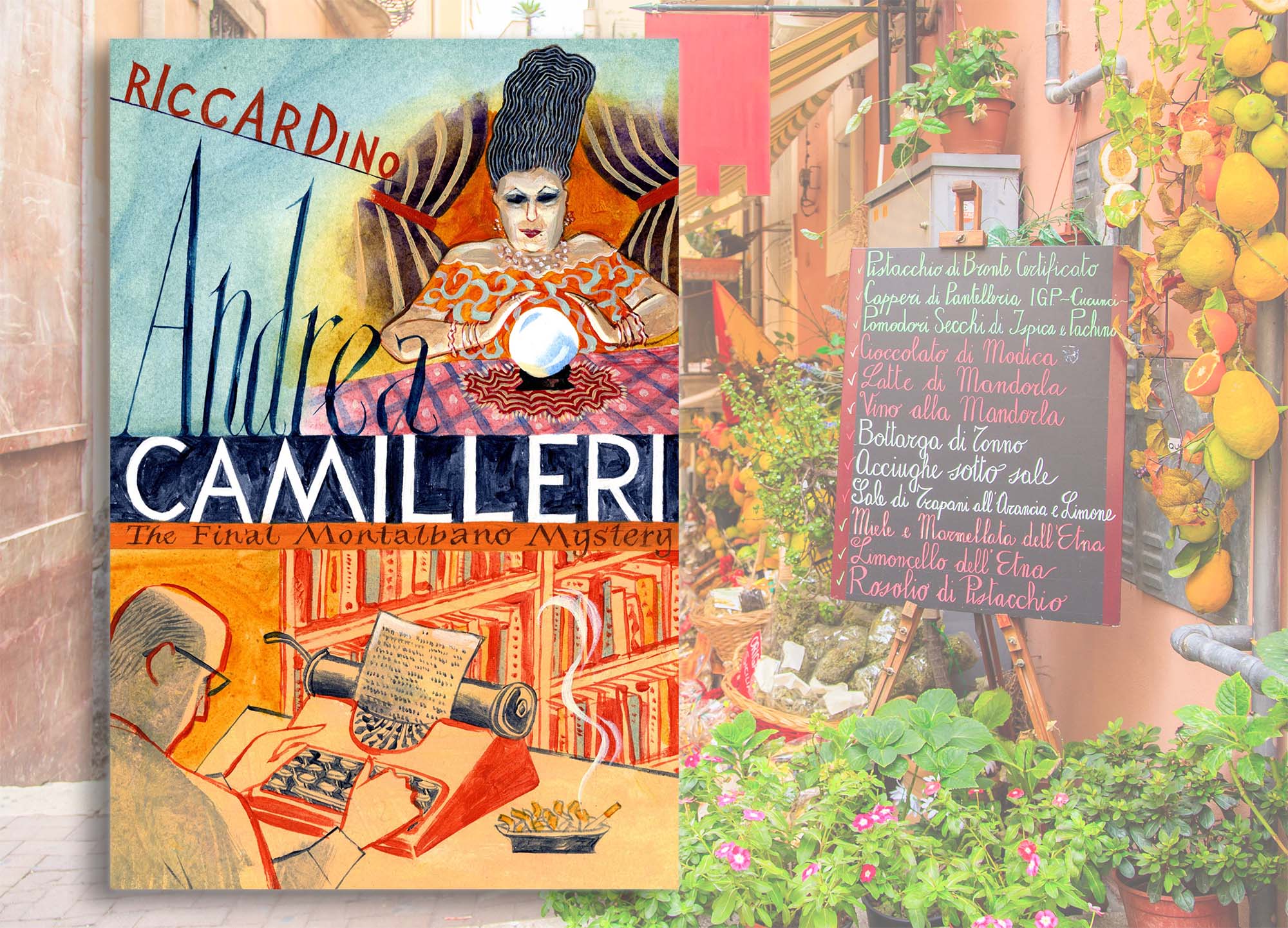 Riccardino by Andrea Camilleri next to a Sicilian restaurant with a blackboard menu