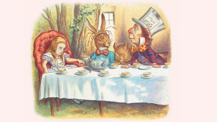 Illustrated image of Alice at the Mad Hatter's Tea Party