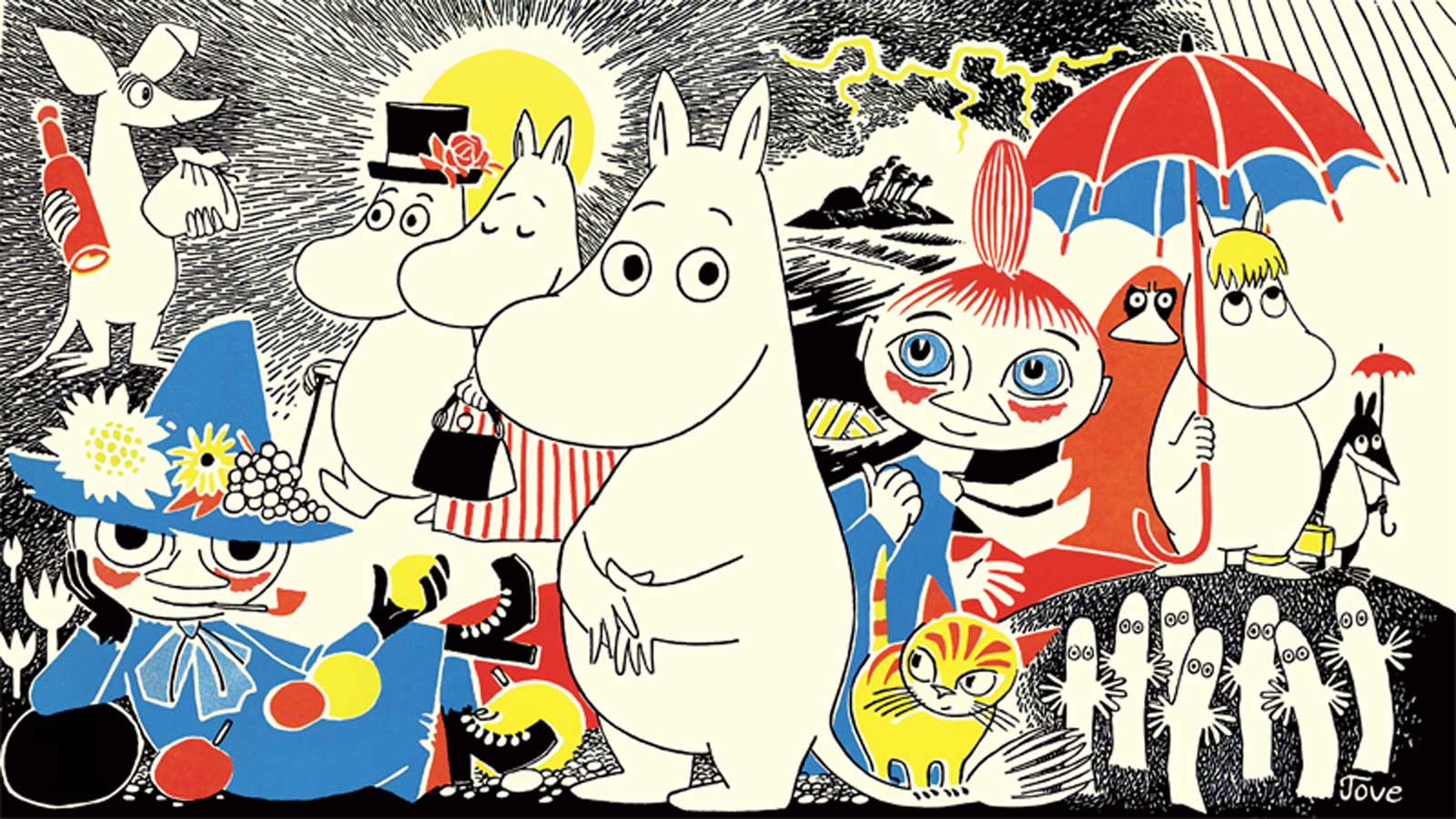 Illustrated image of all of the Moomin characters