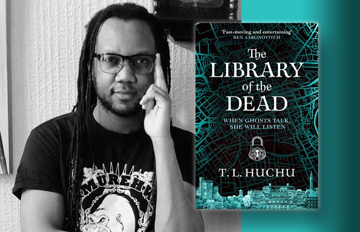A picture of the author T. L. Huchu next to his book The Library of the Dead
