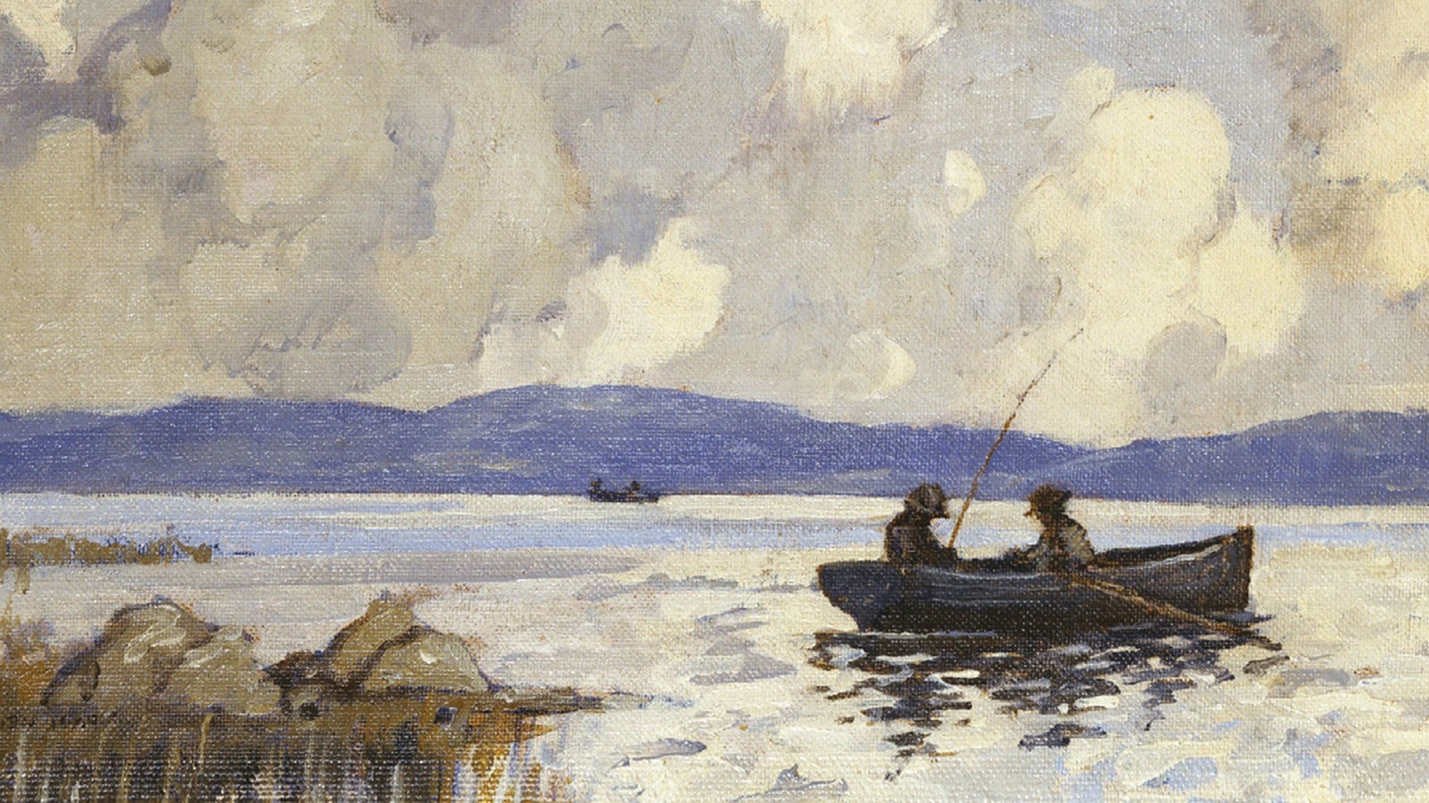 A watercolour painting of two fisherman on a boat in a river