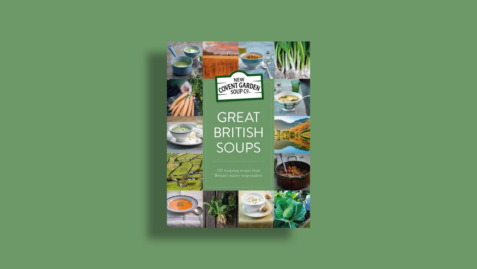 Great British Soups cookbook cover against a green background