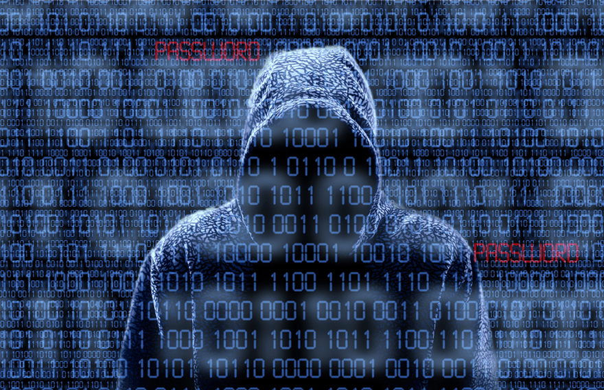 Hooded figure with binary numbers in black and white running across the screen and the word password in red