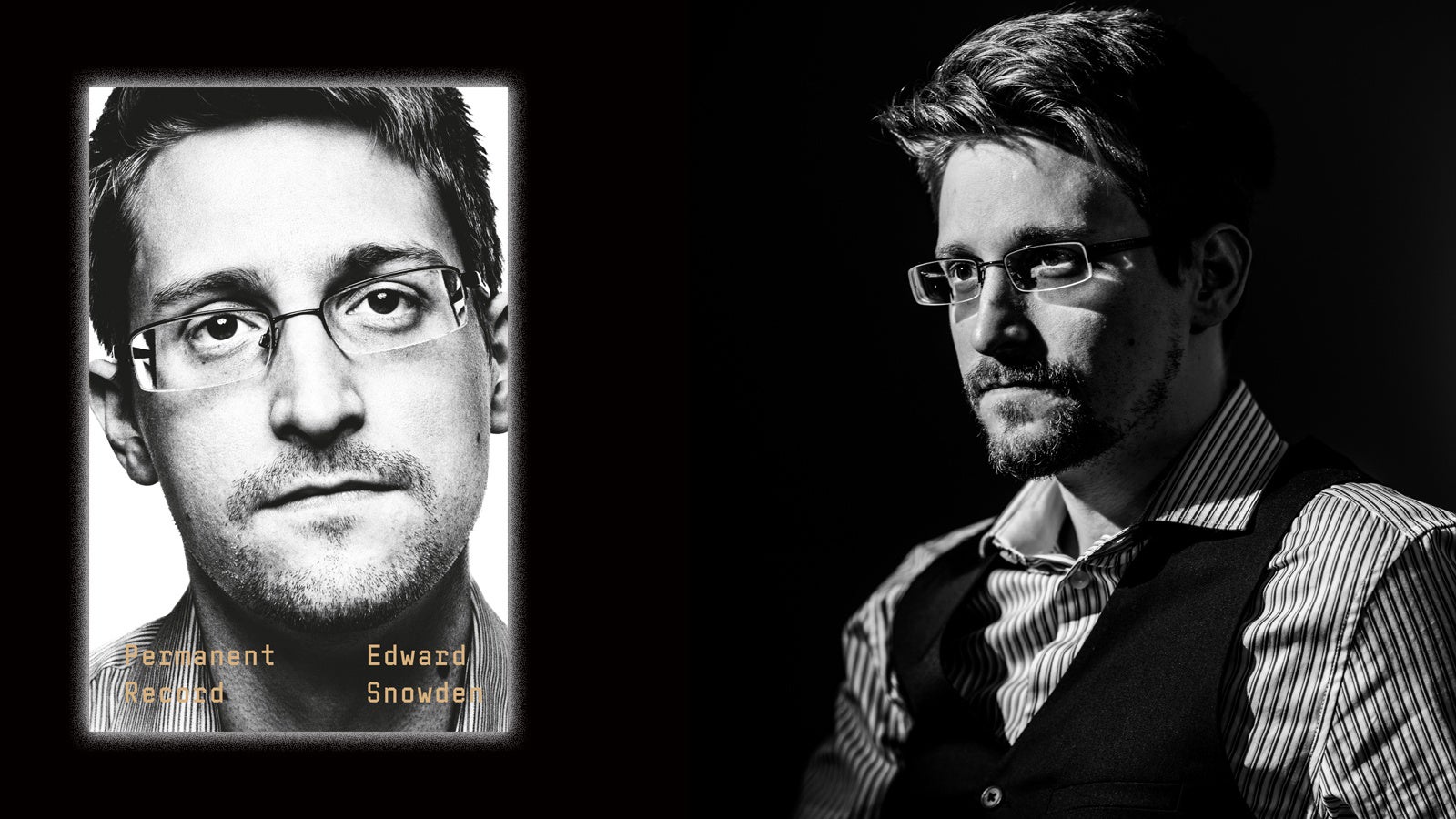 Image of Permanent Record book cover, next to image of Edward Snowden