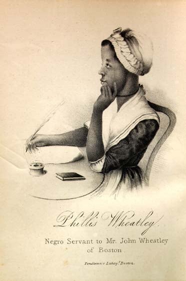 Black and white illustration of Phillis Wheatley writing at a desk and holding a quill looking pensive, whilst wearing in a housemaid's uniform.