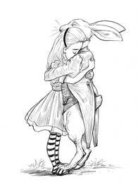 Alice in Wonderland and White Rabbit hug in illustration by Chris Riddell