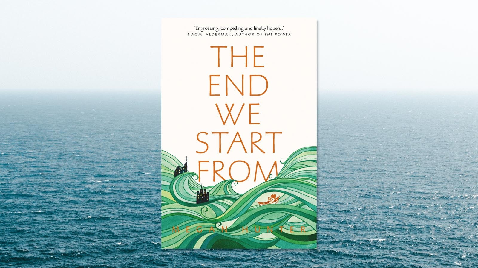 The book cover of the End We Start From against a background of an ocean with a misty sky above