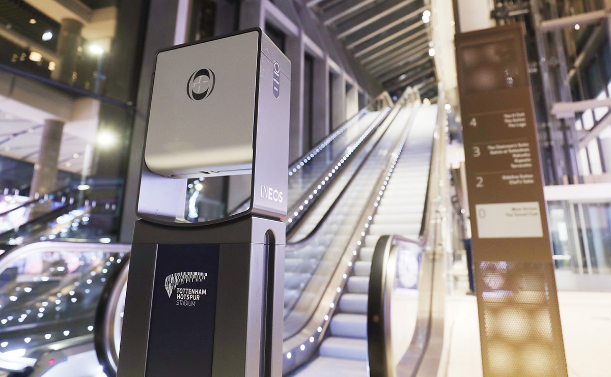 INEOS Dispenser sat at bottom of escalator in Tottenham Hotspur training facility