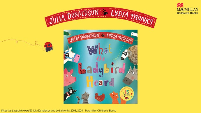 A yellow banner with the book cover of What the Ladybird Heard