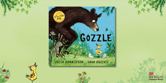 Gozzle book jacket on a green background with a green foliage border. Gozzle the gosling is standing on the bottom of the banner looking up at the book jackets