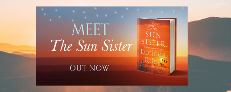 Lucinda Riley's book the Sun Sister superimposed on a mountain view sunset photograph