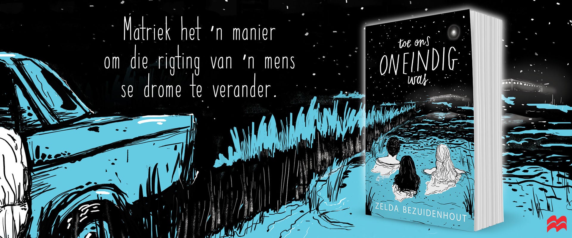 Black and Blue Illustration of the back of a car, featuring the Book - Toe Ons Oneindig was