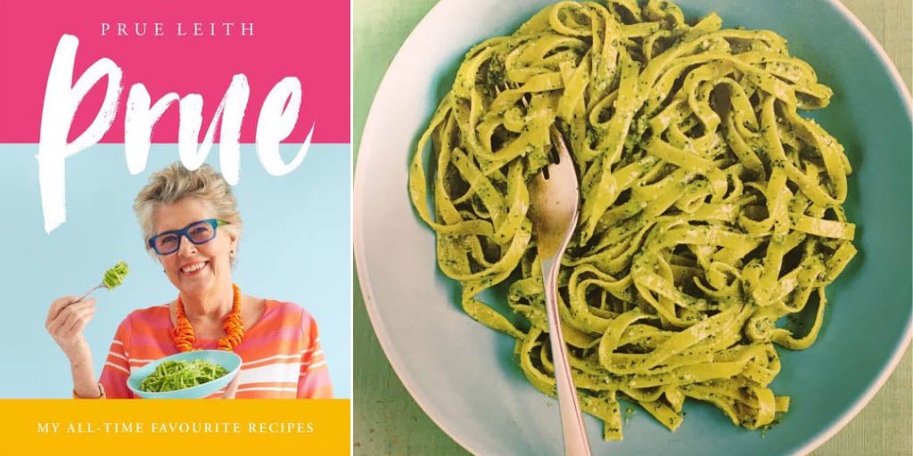 Photo of the book cover for Prue Leith's - My all time favourite recipes, next to a bowl of Pasta el Pesto