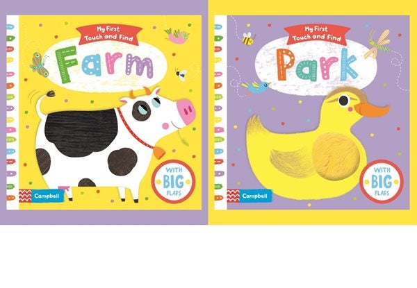 Book Covers for 'Farm' featuring a cow and 'Park' featuring an illustration of a Duck