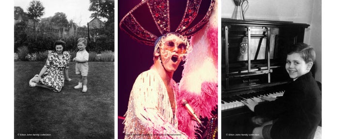 Three photographs of Elton John. The first is a black and white photo of him as a child with his mother in the garden; the second is of Elton singing at his piano in a a fancy costume in 1974 and the last picture is a black & white photo of Elton as a small boy, sat at a piano smiling at the camera.