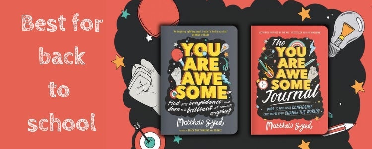 Book covers of You are Awesome the book and the diary next to back to school text.