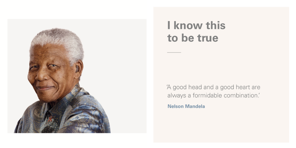 Headshot of Nelson Mandela with the quote: A good head and a good heart are always a formidable combination