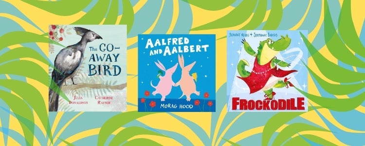 Three animal themed children's book on a bright palm-leaf shaped background image