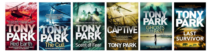 Six cover images of Tony Park's novels: Red Earth, The Cull, Scent of Fear, Captive, Ghost of the Past and Last Survivor
