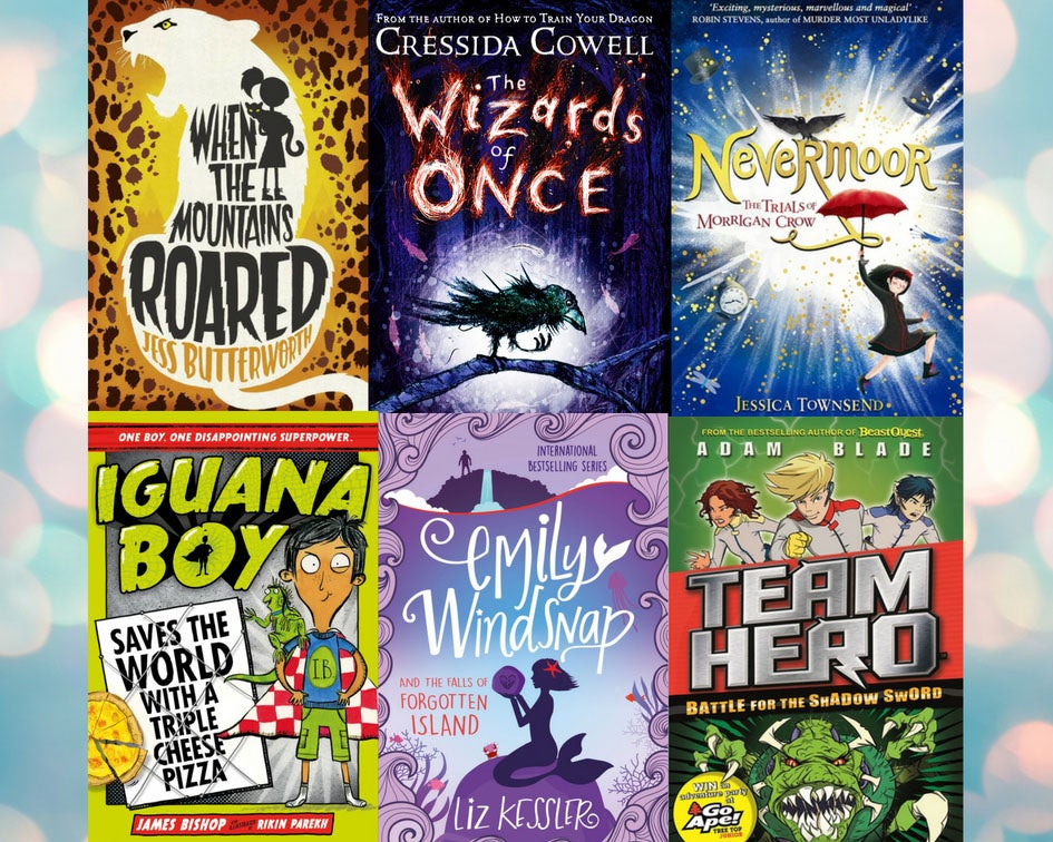 A collage of the following jacket covers: When the mountains roared, The wizards of once, Nevermoor, Iguana Boy, Emily Windsnap and Team Hero