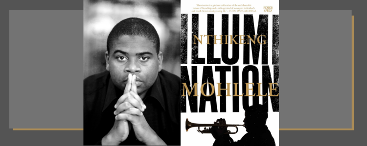 Photo of Nthikeng Mohlele alongside his book cover 'Illumination'