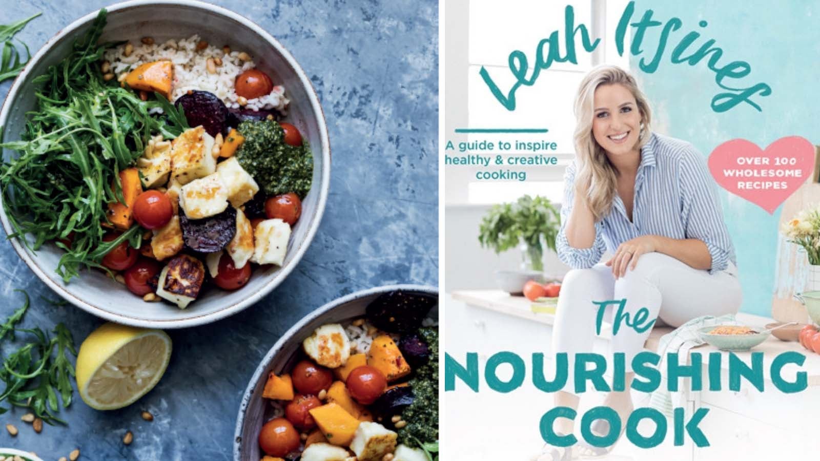 Leah Itsines - The Nourishing Cook Book cover next to a photo of food in a bowl