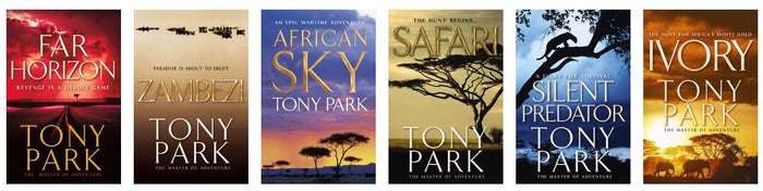 Six of Tony Park's Published novels covers: Far Horizon, Zambezi, African Sky, Safari, Silent Predator and Ivory.