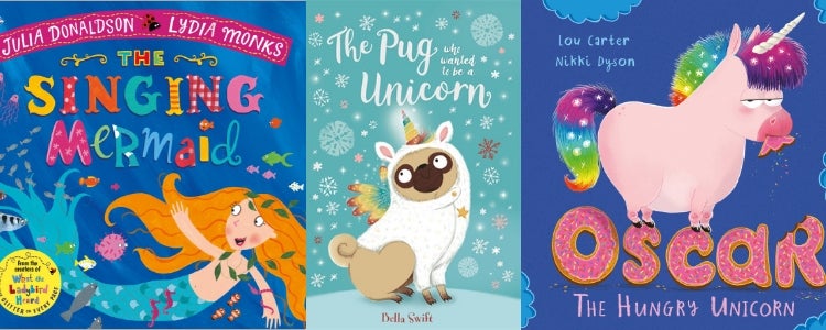 A photo of three book covers: The Singing Mermaid, The Pug who wanted to be a Unicorn and Oscar