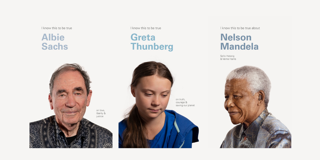 Image of headshots of Albie Sachs, Greta Thurnberg and Nelson Mandela