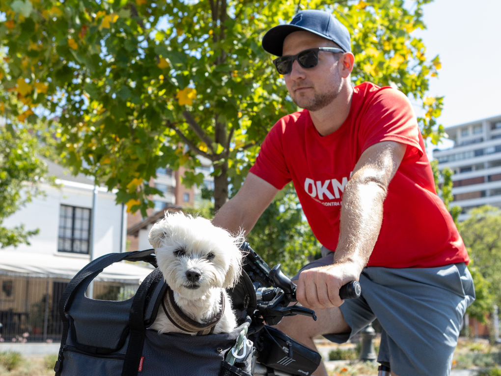 The DKMS supporter Benedikt, wearing sunglasses, a cap, and a red DKMS t-shirt, rides a bicycle outdoors. His small white dog Bruno sits in a front bike basket, looking at the camera. Trees and buildings are visible in the background. The DKMS supporter Benedikt, wearing sunglasses, a cap, and a red DKMS t-shirt, rides a bicycle outdoors. His small white dog Bruno sits in a front bike basket, looking at the camera. Trees and buildings are visible in the background.
