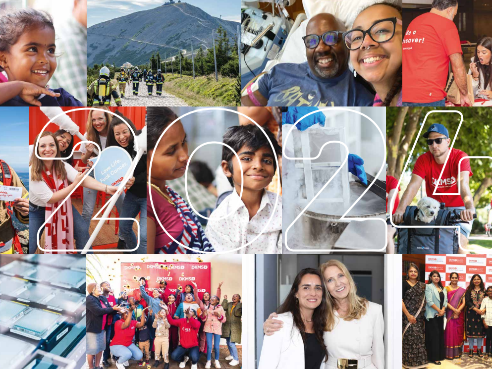 A collage of diverse DKMS moments in 12 photos from around the world. The large transparent number "2024" overlays the photos. The collage contains scenes of donor drives, smiling and celebrating people, fundraising events, blood cancer and blood disorder patients, and scenes from the lab. A collage of diverse DKMS moments in 12 photos from around the world. The large transparent number "2024" overlays the photos. The collage contains scenes of donor drives, smiling and celebrating people, fundraising events, blood cancer and blood disorder patients, and scenes from the lab.