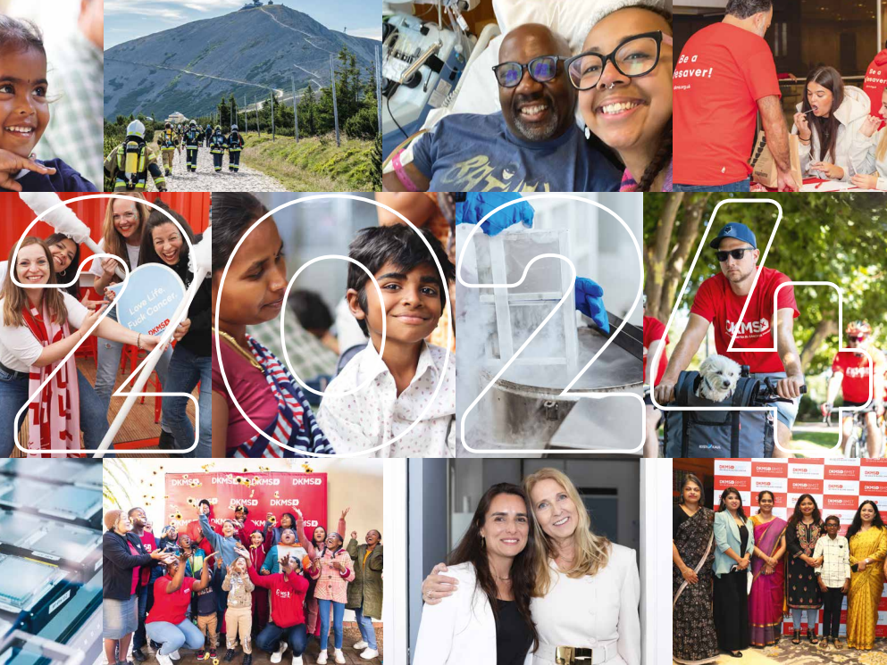 A collage of diverse DKMS moments in 12 photos from around the world. The large transparent number "2024" overlays the photos. The collage contains scenes of donor drives, smiling and celebrating people, fundraising events, blood cancer and blood disorder patients, and scenes from the lab. A collage of diverse DKMS moments in 12 photos from around the world. The large transparent number "2024" overlays the photos. The collage contains scenes of donor drives, smiling and celebrating people, fundraising events, blood cancer and blood disorder patients, and scenes from the lab.