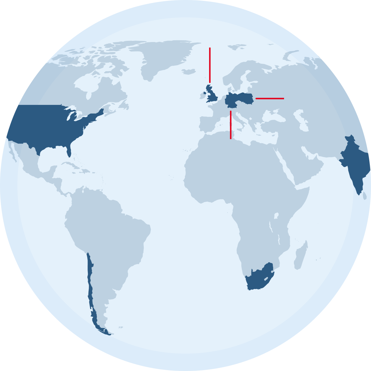 A light blue world map, highlighting the seven countries where DKMS is active, shown in dark blue: USA, Chile, United Kingdom, Germany, Poland, India, and South Africa. A light blue world map, highlighting the seven countries where DKMS is active, shown in dark blue: USA, Chile, United Kingdom, Germany, Poland, India, and South Africa.