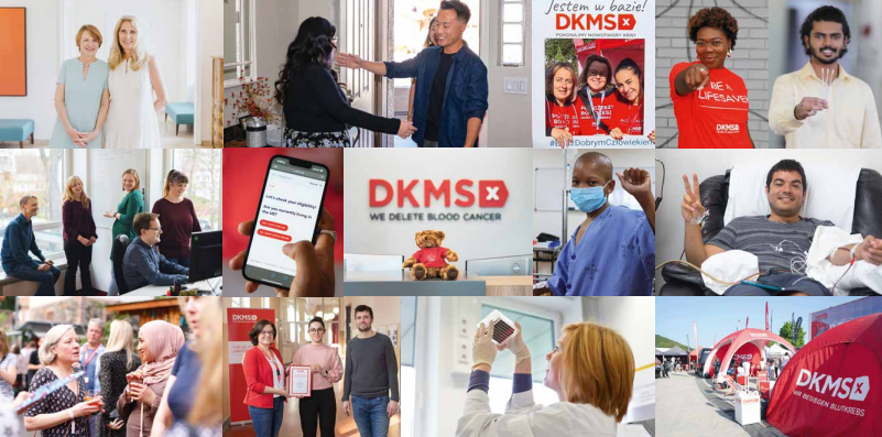 A collage of DKMS activities from around the world: including donor drives, patient care, mobile registration via smartphone, public outreach events, and medical professionals supporting the cause. People are seen smiling, engaging, and raising awareness to fight blood cancer. A collage of DKMS activities from around the world: including donor drives, patient care, mobile registration via smartphone, public outreach events, and medical professionals supporting the cause. People are seen smiling, engaging, and raising awareness to fight blood cancer.