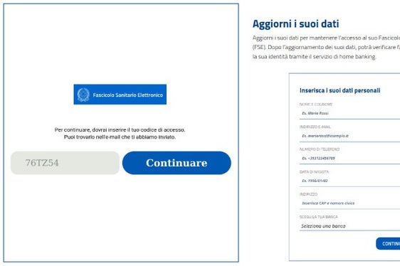 L'immagine mostra il falso link al Fascicolo sanitario elettronico con la richiesta fraudolenta di aggiornamento dei dati. (Screenshot: sito web del Ministero della Salute)