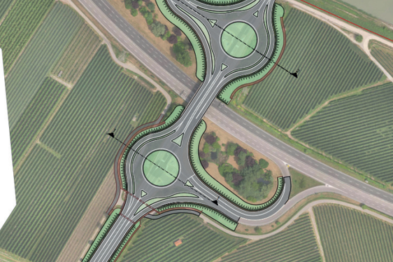 Die Ausschreibung der Arbeiten für den Bau zweier Kreisverkehr an der MeBo-Einfahrt Eppan wurde veröffentlicht. Das Bild zeigt den Lageplan des geplanten Bauvorhabens. (Foto: LPA/Ressort für Mobilität und Infrastrukturen)