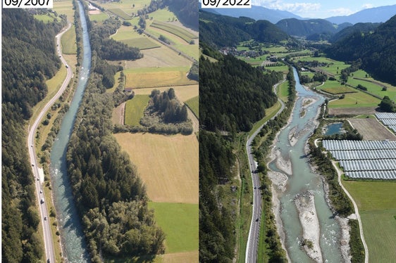 Luftaufnahme der Rienz im Bereich der Ilsterner Au vor (2007) und nach (2022) der Revitalisierung (Fotos: Agentur für Bevölkerungsschutz)