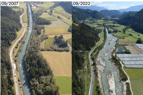 Luftaufnahme der Rienz im Bereich der Ilsterner Au vor (2007) und nach (2022) der Revitalisierung (Fotos: Agentur für Bevölkerungsschutz)