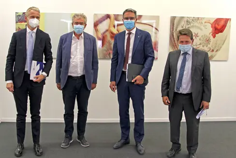 Christanell, Repetto, LH Kompatscher und der neue Confidi-Präsident Gartner im Palais Widmann in Bozen (Foto: LPA)