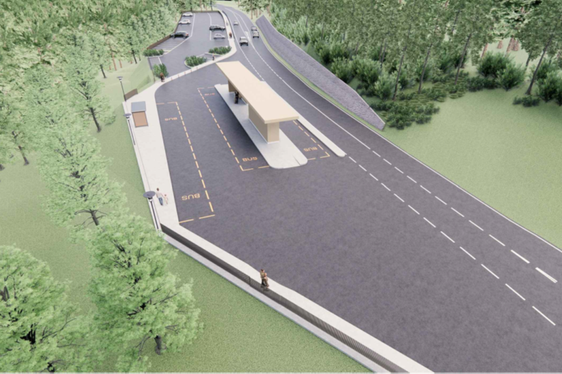 Der neue Busbahnhof in Birchabruck soll ein kleiner Mobilitätshub werden, der den Umstieg von einem Verkehrsmittel aufs andere erleichtert. (Rendering: LPA/Baucon, Simon Neulichedl)