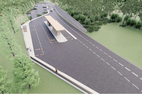 Der neue Busbahnhof in Birchabruck soll ein kleiner Mobilitätshub werden, der den Umstieg von einem Verkehrsmittel aufs andere erleichtert. (Rendering: LPA/Baucon, Simon Neulichedl)