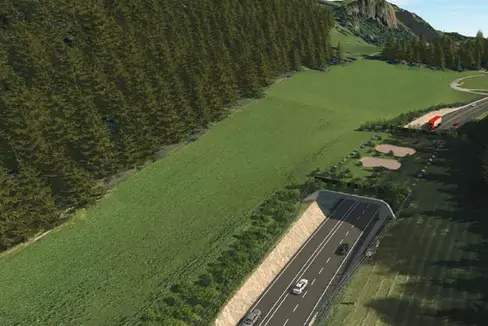 Über das AOV-Vergabeportal schreibt das Land die Arbeiten für die Anpassung des Straßenverlaufs sowie den Bau einer neuen Grünbrücke (im Bild) am Kniepass in der Gemeinde St. Lorenzen aus. (Rendering: LPA/Ressort Infrastrukturen und Mobilität)