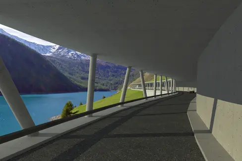Am 14. September werden die Bauarbeiten für die rund 325 Meter lange Lawinenschutzgalerie an der Landesstraße 3 bei Vernagt in der Gemeinde Schnals vergeben. Die Abbildung zeigt eine Visualisierung des Bauwerks. (Quelle: LPA/Ressort Infrastrukturen und Mobilität)