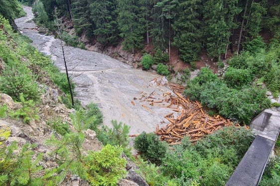 Das Rückhaltebecken im Weißenbach in Mittewald in der Gemeinde Franzensfeste ist nach einem Murabgang voller Gesteinsmaterial und Wildholz, die Wildbachverbauung hat unverzüglich die Räumungsarbeiten aufgenommen, um Platz für Murmaterial kommender Ereignisse zu schaffen. (Foto: LPA/Landesamt für Wildbach- und Lawinenverbauung Nord in der Agentur für Bevölkerungsschutz)