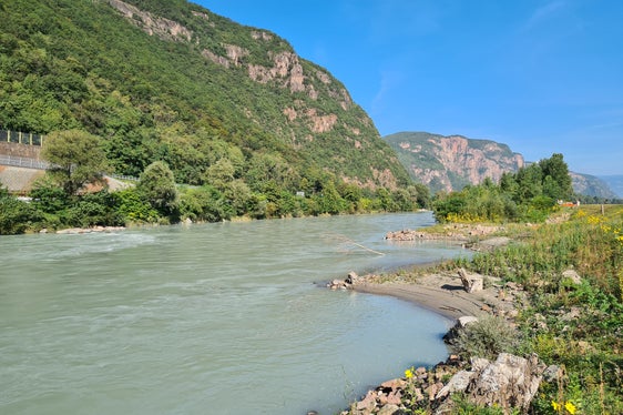 Orographgisch linkes Ufer der Etsch bei Pfatten: Die unregelmäßig angelegte Uferlinie mit Schotterbänken und Totholzelementen bietet Reptilien, Amphibien und Vögeln Unterschlupf. (Foto: LPA/Landesamt für Wildbach- und Lawinenverbauung Süd)